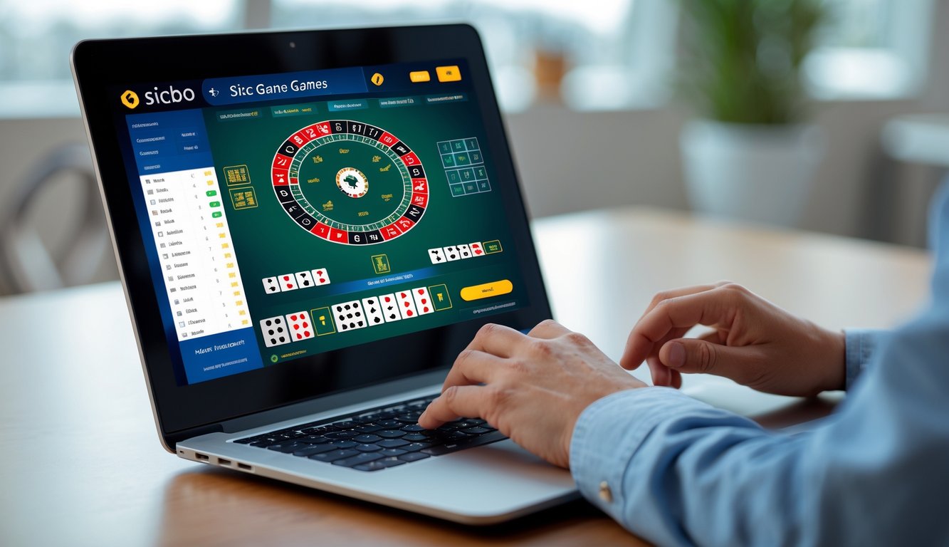 Seseorang menggunakan laptop dengan tampilan meja permainan Sicbo online lengkap di layar.
