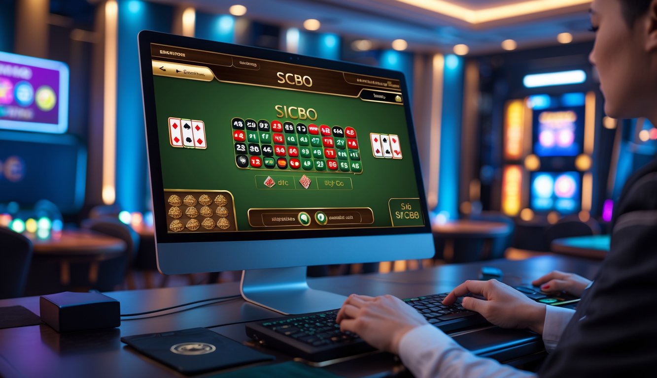 Seseorang menggunakan komputer dengan tampilan permainan Sicbo online yang modern dan terbaru.