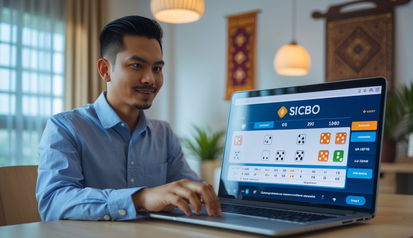 Seorang pria Indonesia menggunakan laptop di ruangan terang dengan latar belakang dekorasi tradisional, menampilkan permainan Sicbo online di layar komputer.