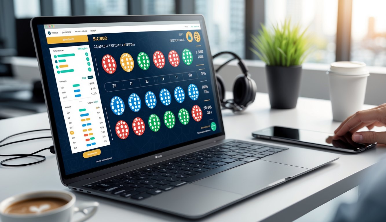 Seseorang menggunakan laptop dengan tampilan permainan Sicbo online dan grafik data di meja kerja yang rapi.
