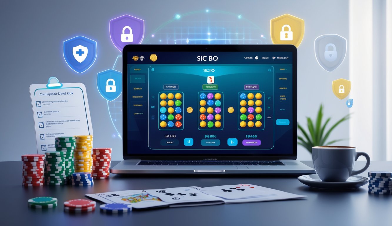 Sebuah meja kerja dengan laptop yang menampilkan permainan Sic Bo online, dikelilingi oleh dadu, chip kasino, dan simbol keamanan digital.