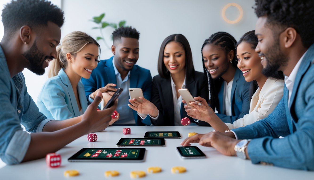 Orang-orang menggunakan ponsel dan tablet untuk bermain permainan Sicbo online dengan latar belakang yang bersih dan elemen dadu serta chip taruhan.
