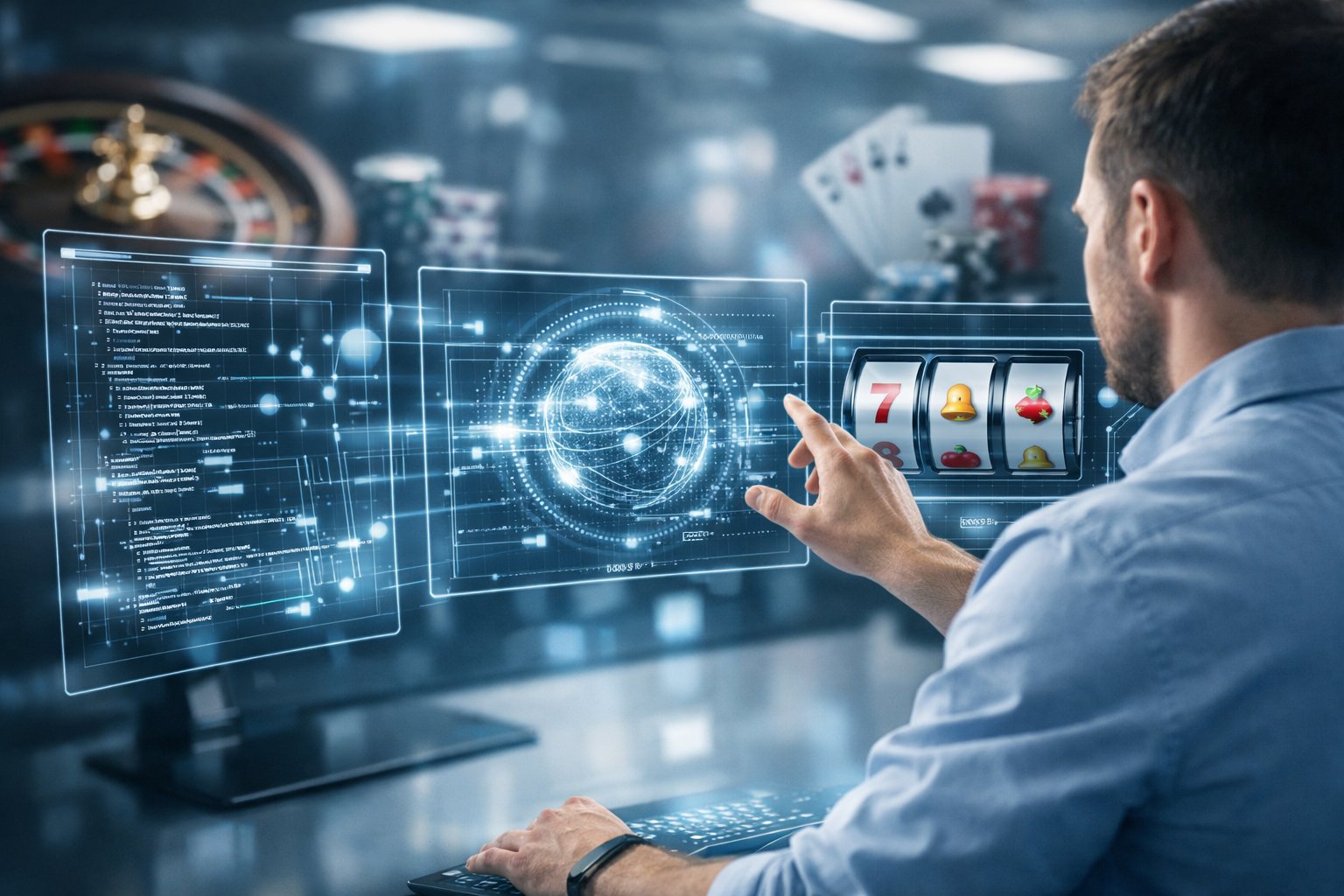A person working with transparent digital screens showing algorithms and slot machine reels in a modern workspace with casino elements blurred in the background.