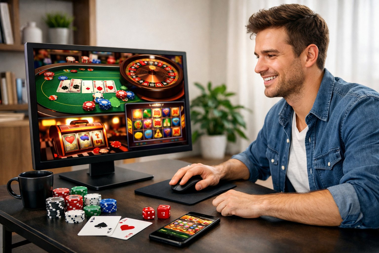 A person sitting at a desk playing online casino games on a computer, surrounded by poker chips and cards in a home office.