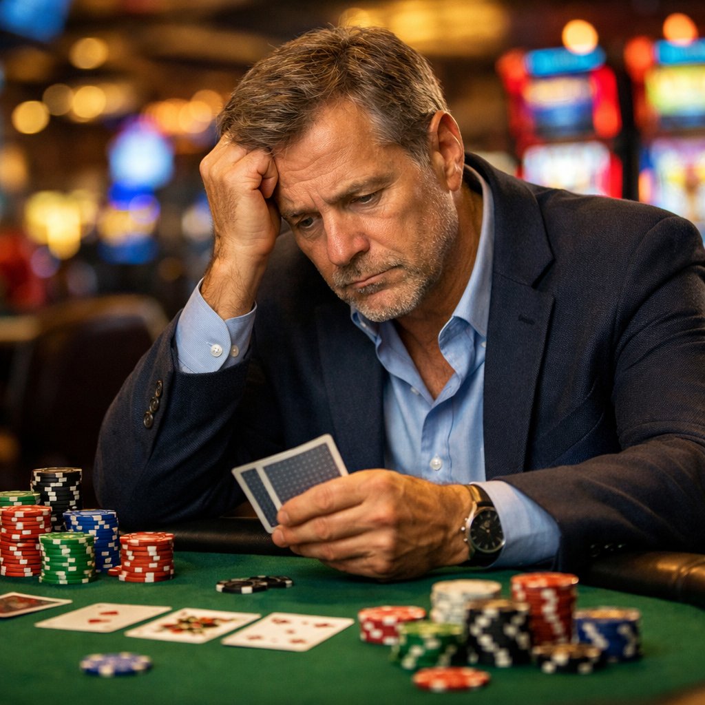 A man sitting at a casino table looking frustrated with poker chips and cards in front of him.