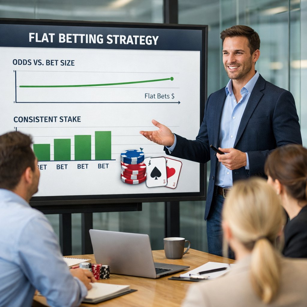 A man explains betting strategies to colleagues in a modern office with charts and poker-related items on the table.