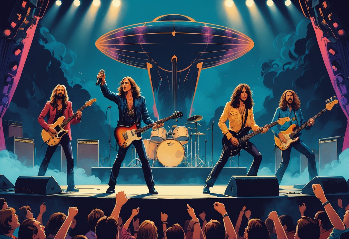 Empat musisi sedang tampil di atas panggung besar dengan lampu dramatis dan asap, di depan kerumunan penonton yang antusias.