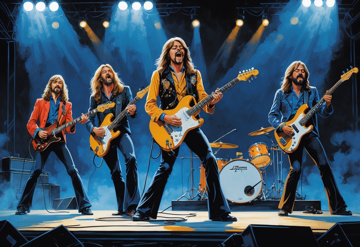 Empat musisi Led Zeppelin sedang tampil di atas panggung dengan alat musik mereka, dikelilingi lampu panggung dan asap.