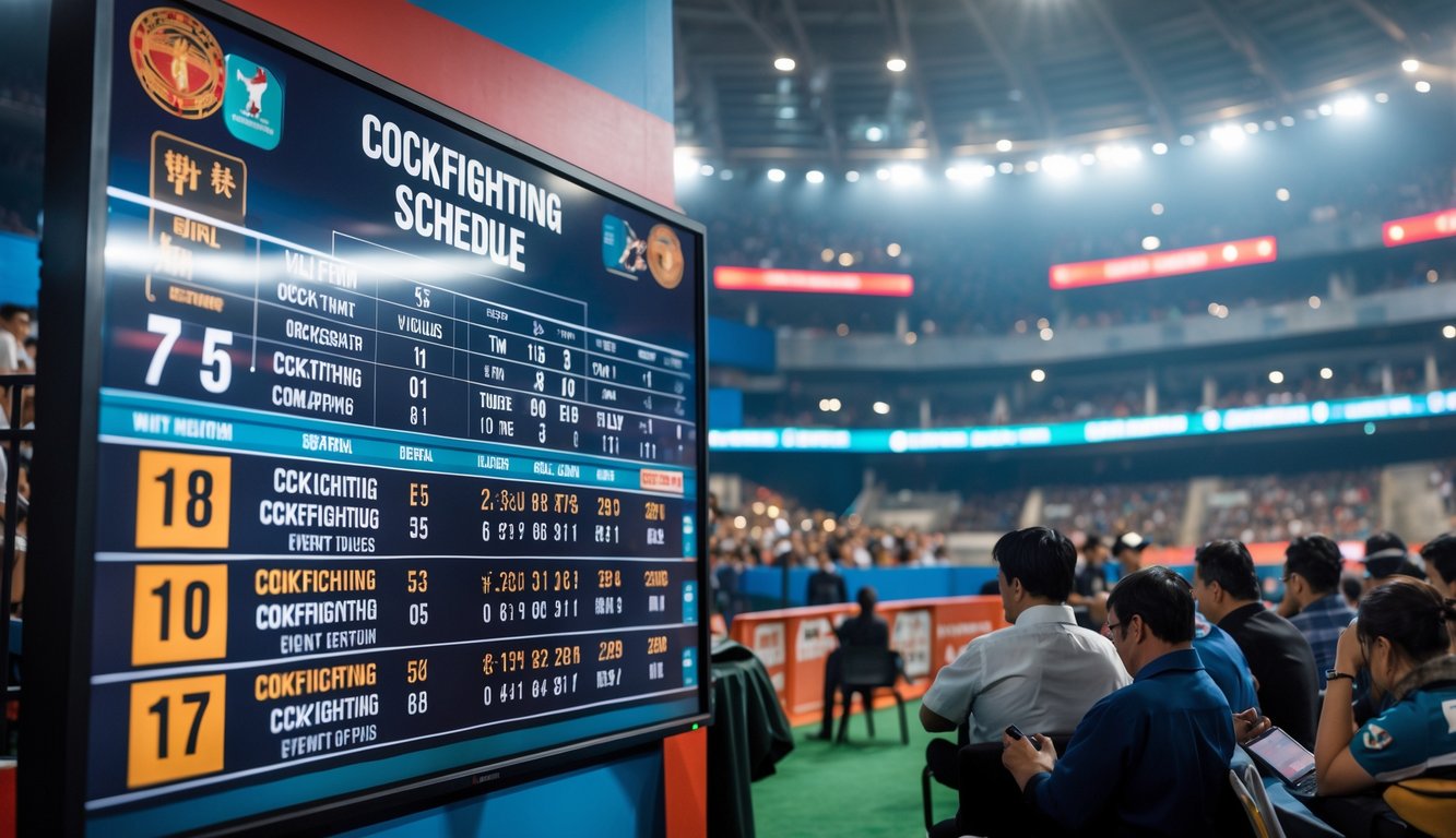 Papan jadwal pertandingan sabung ayam resmi di arena dengan penonton yang memperhatikan dan staf acara di latar belakang.