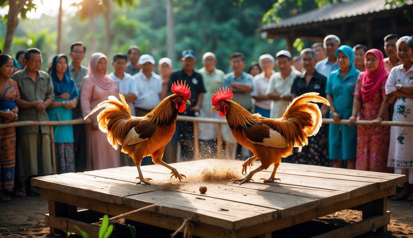 Dua ayam jago sedang bertarung di atas sebuah panggung kayu yang stabil dengan penonton yang mengamati di sekitarnya.