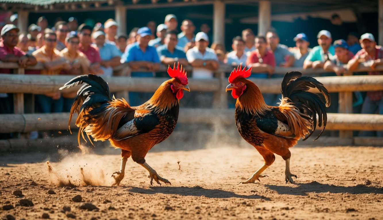 Dua ayam jago sedang bertarung di arena dengan penonton yang antusias menyaksikan dari belakang.