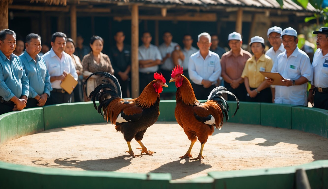 Pertandingan sabung ayam resmi dengan dua ayam jantan bertarung di arena melingkar, dikelilingi oleh penonton dan petugas yang mengawasi jalannya pertandingan dengan tertib.