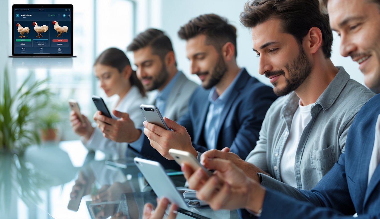 Beberapa orang menggunakan ponsel dan tablet untuk mengakses platform sabung ayam secara online di lingkungan yang terang dan modern.