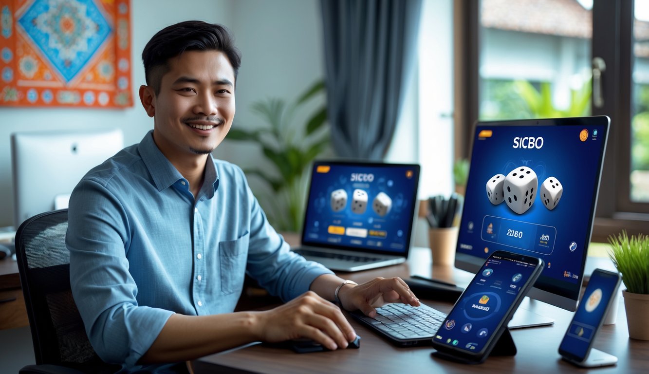 Seorang pria muda Indonesia duduk di depan laptop dan ponsel yang menampilkan permainan Sicbo online dalam ruangan kantor rumah yang terang dan rapi.