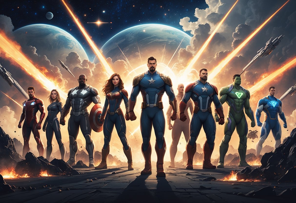 Sekelompok pahlawan berdiri bersama di medan pertempuran yang dramatis dengan latar langit kosmik dan ledakan di sekitarnya.