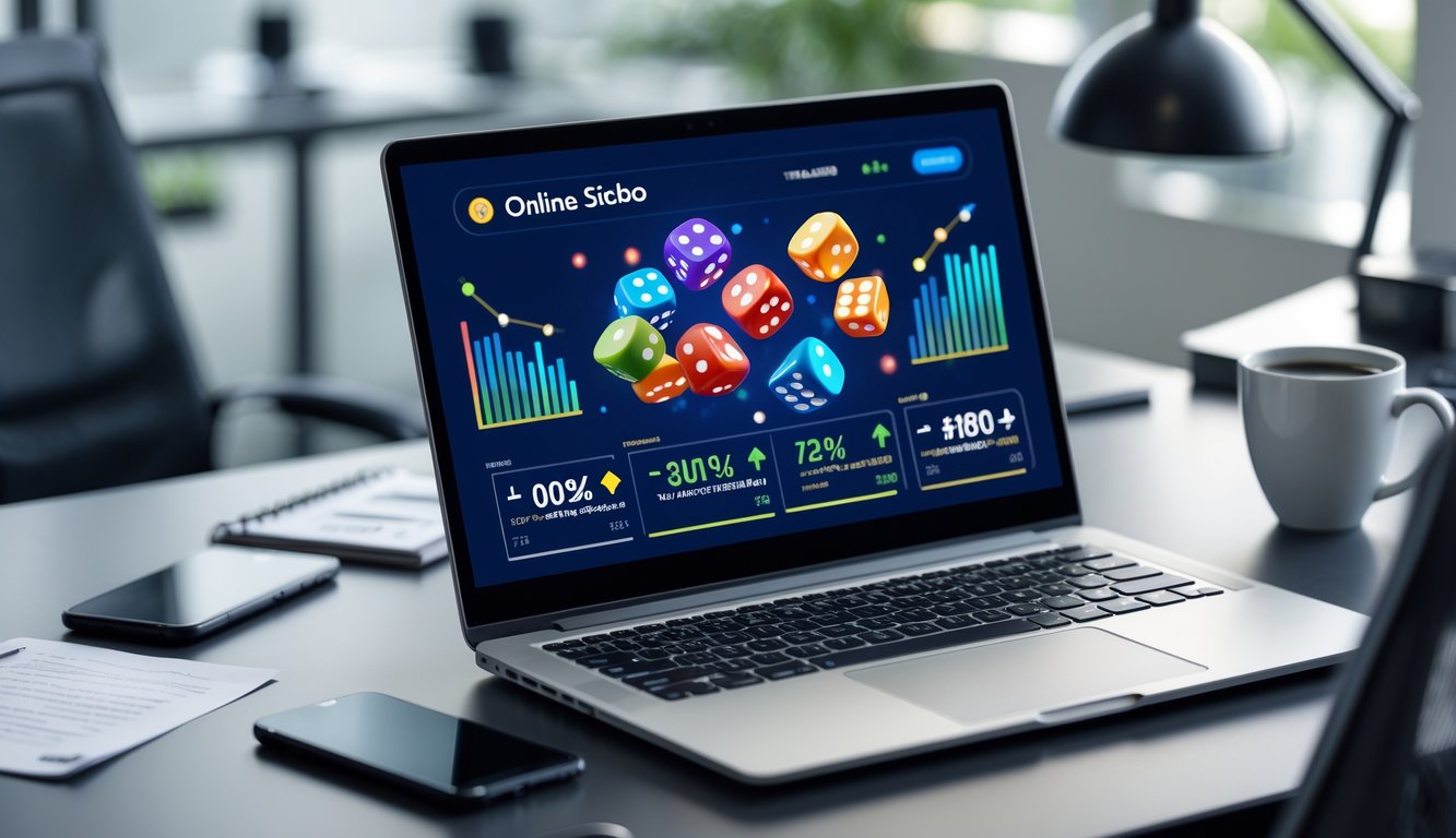 Layar laptop menampilkan permainan Sicbo online dengan animasi dadu dan grafik data RTP terbaru di meja kerja modern.