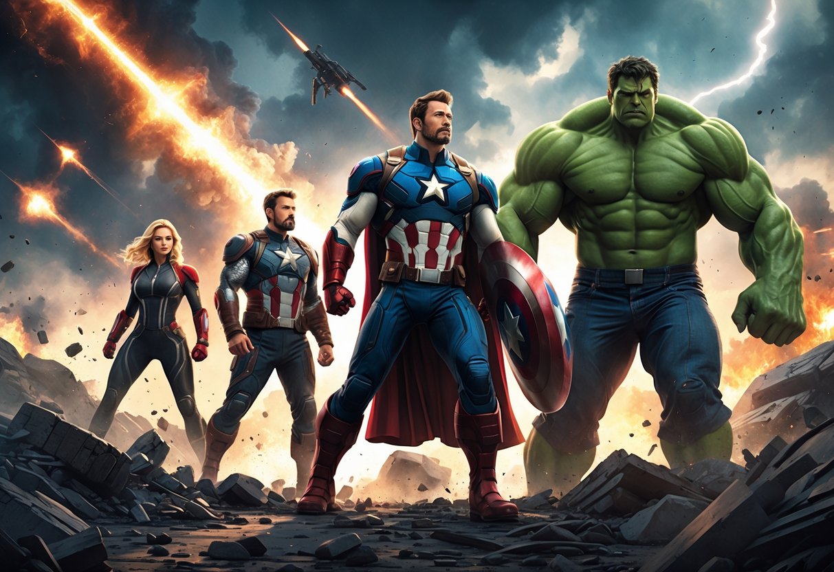 Adegan pertempuran epik dengan para pahlawan Avengers berdiri bersama di medan perang yang penuh kehancuran dan ledakan.