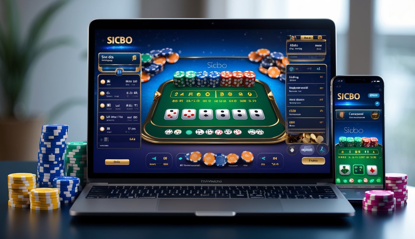 Seorang pengguna sedang bermain permainan Sicbo online dengan laptop dan smartphone di meja yang rapi, dikelilingi oleh dadu dan chip permainan.