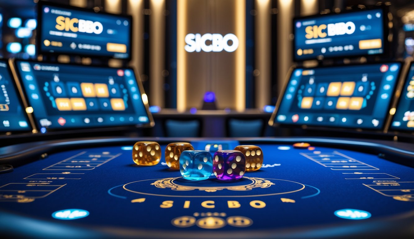 Meja permainan Sicbo online dengan dadu berwarna jelas dan layar digital yang menampilkan streaming langsung di lingkungan kasino modern.