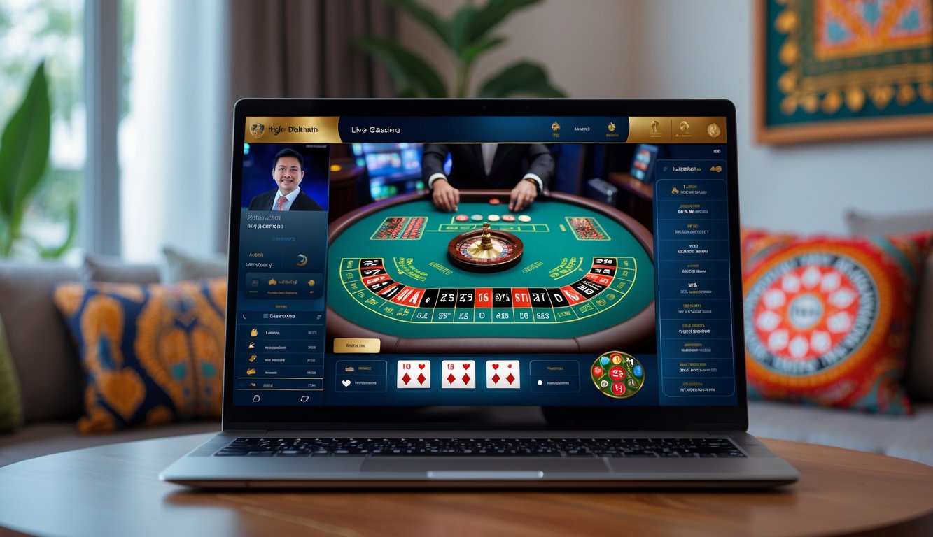 Seseorang menggunakan komputer dengan tampilan permainan kasino langsung online di lingkungan rumah yang nyaman dengan elemen budaya Indonesia.