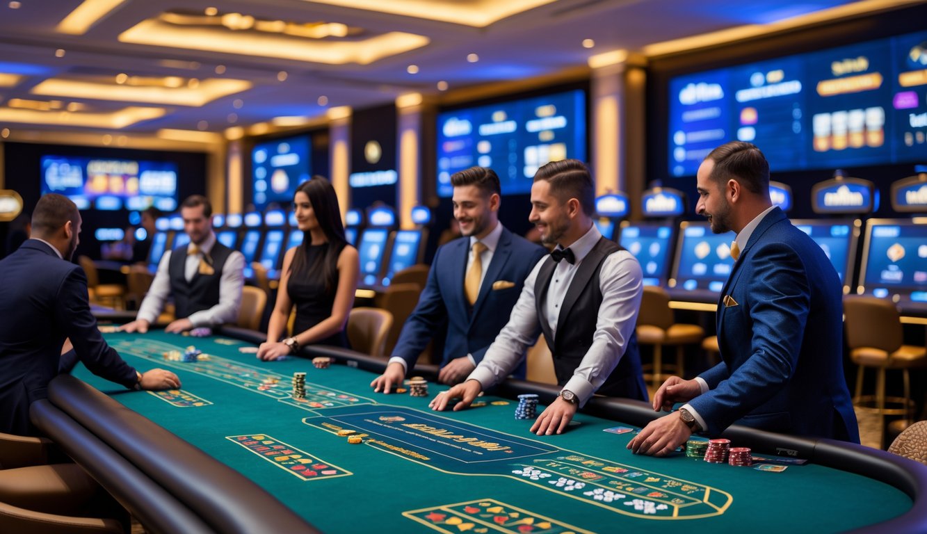 Suasana kasino langsung dengan meja permainan terbaru dan dealer yang melayani pemain di dalam ruangan yang modern dan terang.