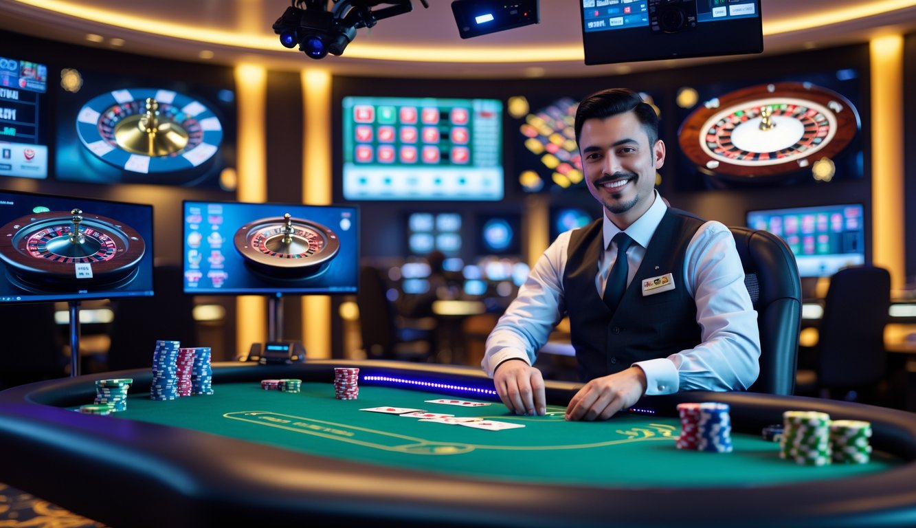 Seorang dealer kasino langsung yang tersenyum sedang membagikan kartu di meja poker dengan layar digital dan peralatan streaming di latar belakang.