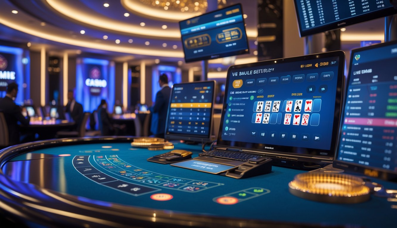 Suasana kasino online langsung dengan dealer virtual dan layar yang menampilkan data meja terbaru.