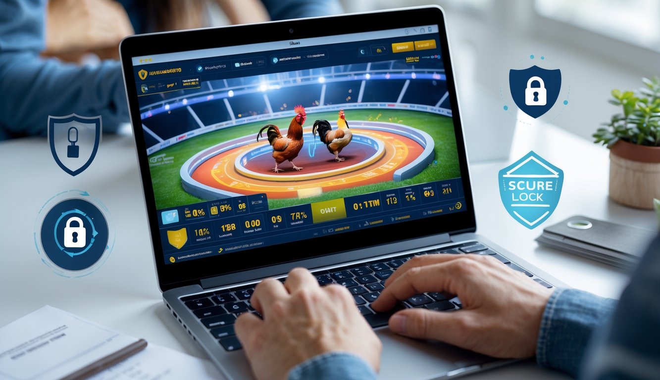 Seseorang menggunakan laptop yang menampilkan tampilan arena sabung ayam online dengan berbagai ikon dan statistik, di meja kerja yang rapi dan terang.