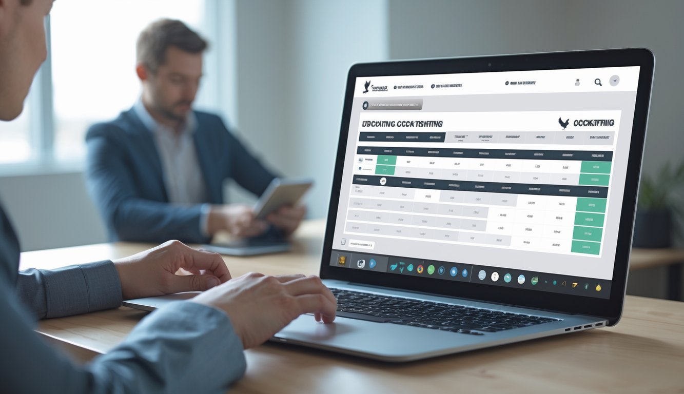 Seorang pria menggunakan laptop dengan tampilan jadwal pertandingan sabung ayam online di layar.