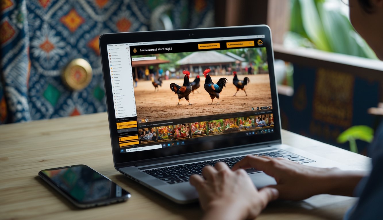 Seseorang menggunakan laptop untuk menonton pertandingan sabung ayam secara online dengan latar belakang dekorasi tradisional Indonesia.