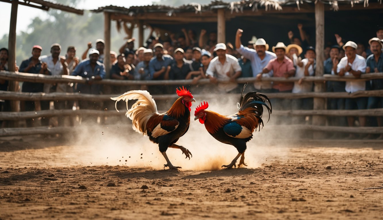 Dua ayam jago sedang bertarung di arena dengan penonton yang antusias di latar belakang.