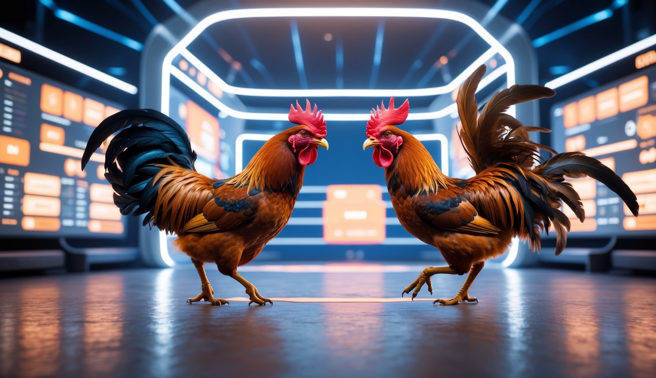 Dua ayam aduan sedang bertarung di arena dengan latar belakang layar digital yang menampilkan siaran langsung.
