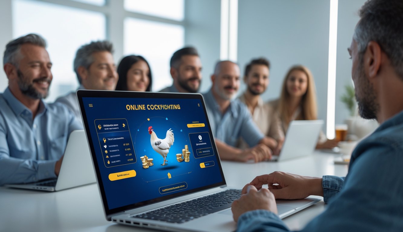 Orang-orang menonton layar komputer yang menampilkan sistem sabung ayam online dengan fitur fair play.