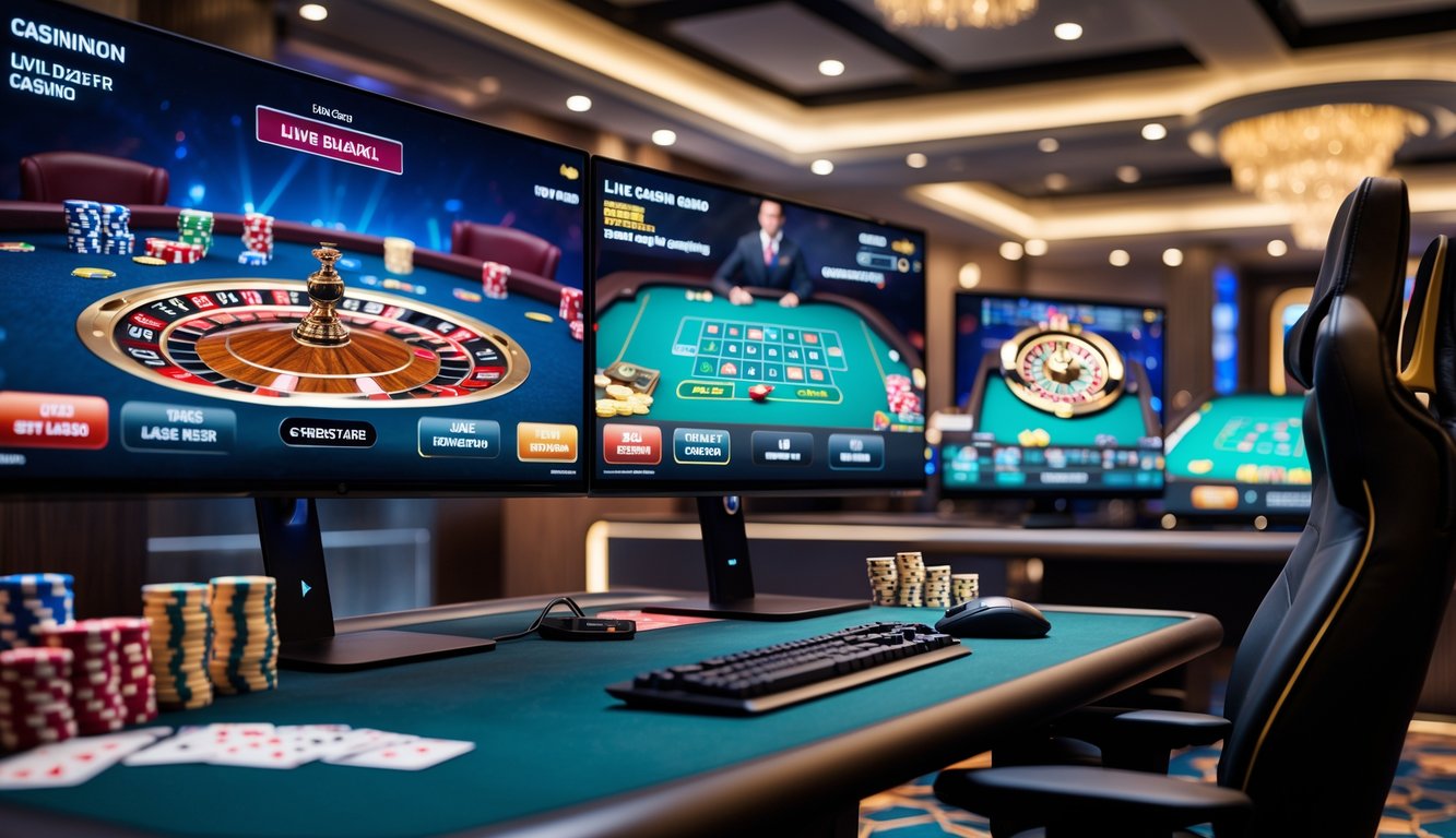 Ruang kasino online dengan beberapa layar digital menampilkan permainan live dealer dan meja permainan terbaru.