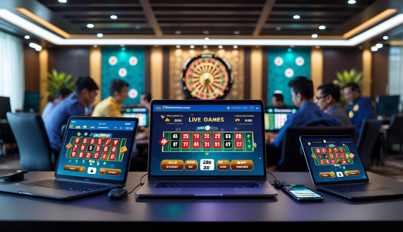 Beberapa orang menggunakan perangkat digital untuk bermain permainan kasino online di ruangan dengan dekorasi bernuansa Indonesia.