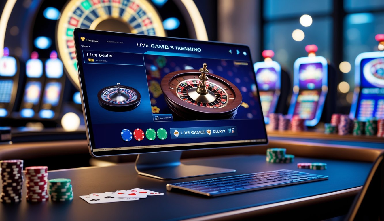 Seorang pemain menggunakan komputer dengan tampilan permainan kasino langsung yang jernih dan berkualitas tinggi.