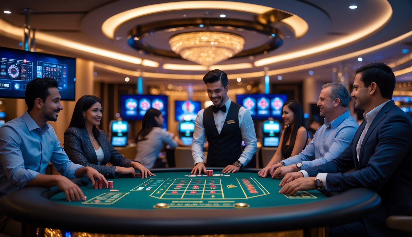 Suasana kasino langsung dengan dealer dan pemain yang sedang bermain di meja permainan, dikelilingi layar menampilkan berbagai permainan kasino.