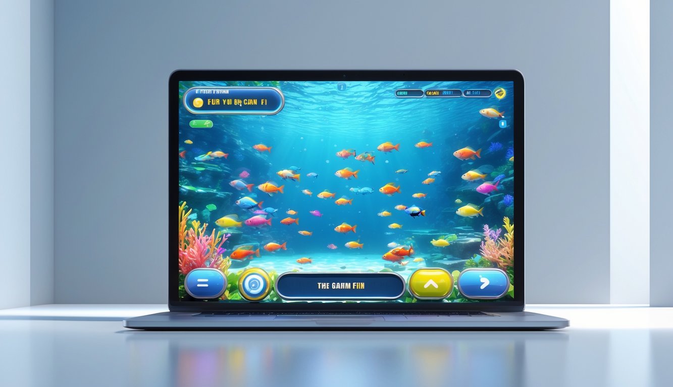 Tampilan layar perangkat dengan permainan menembak ikan berwarna-warni di bawah laut yang stabil dan mudah diakses.