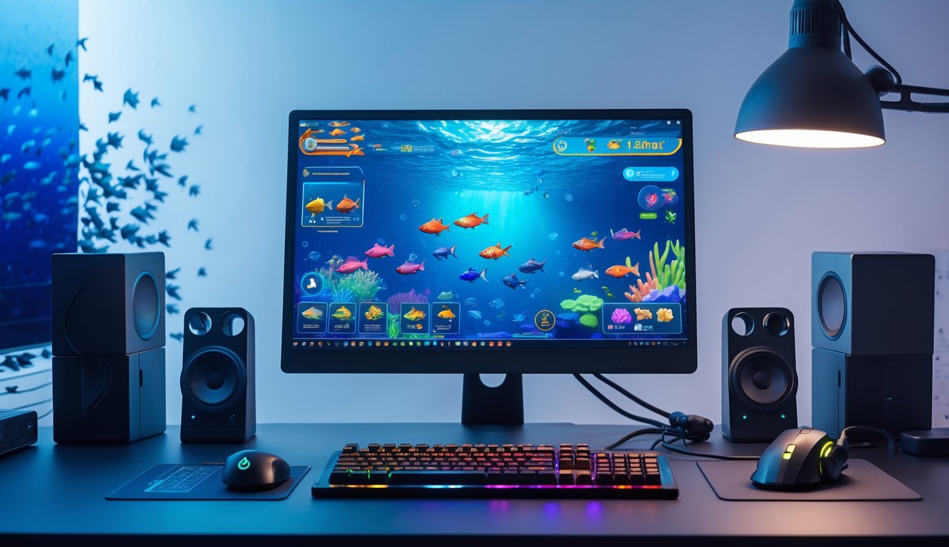 Sebuah monitor komputer menampilkan grafik permainan ikan yang berwarna-warni dengan aksesori gaming di meja yang rapi.