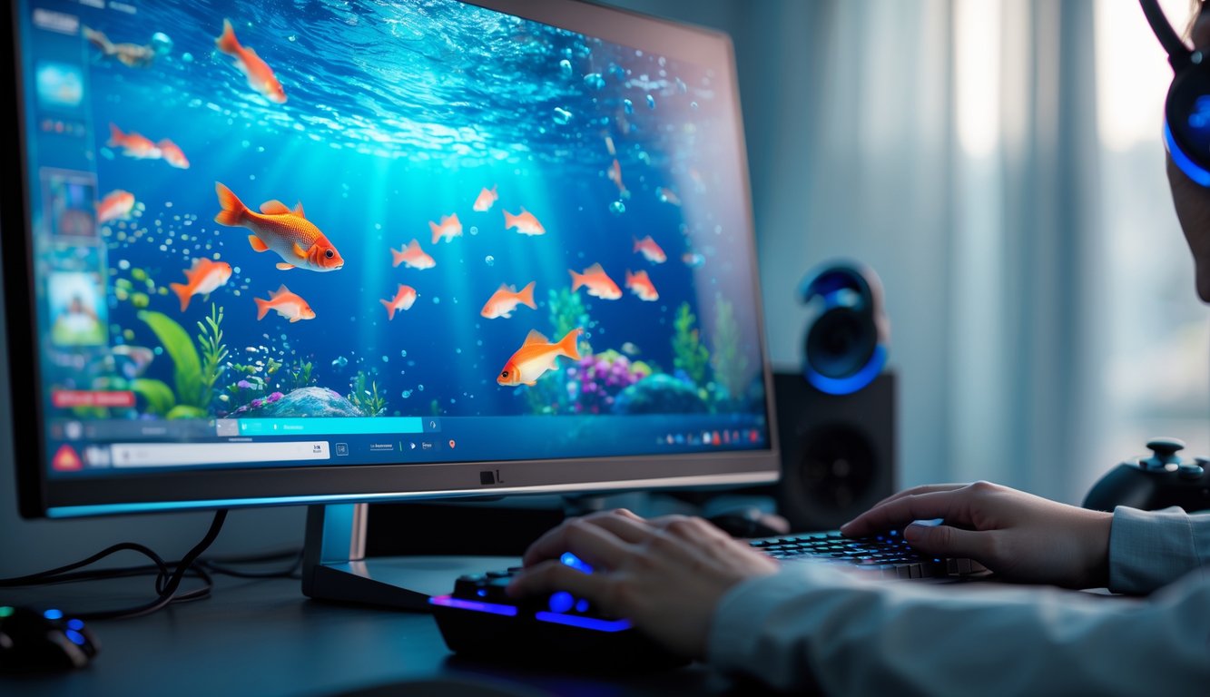 Seorang pemain menggunakan komputer dengan layar menampilkan permainan menembak ikan berwarna-warni di bawah laut.