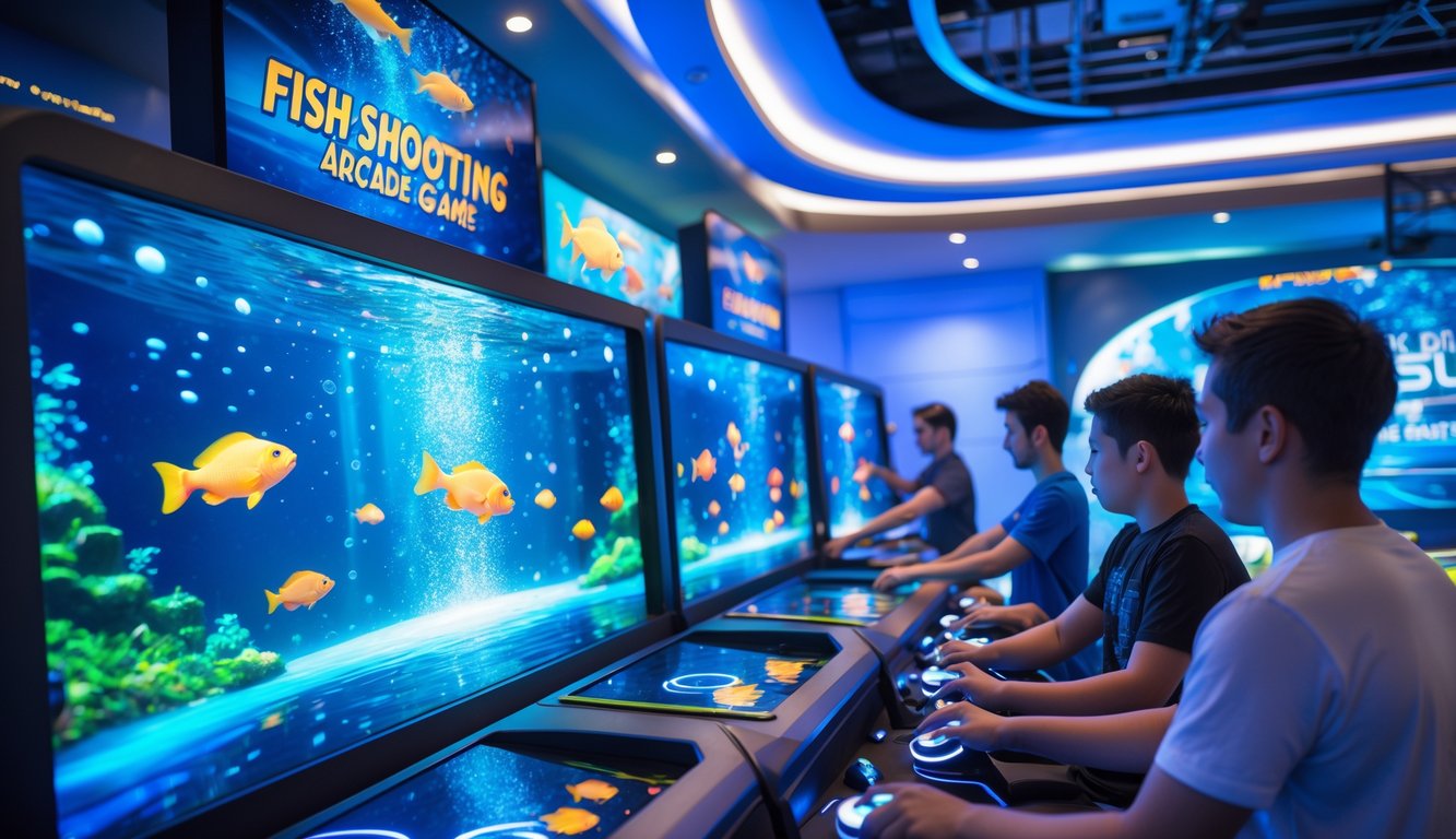 Beberapa orang sedang bermain permainan tembak ikan di arena digital dengan layar besar menampilkan ikan-ikan berwarna-warni di bawah laut.