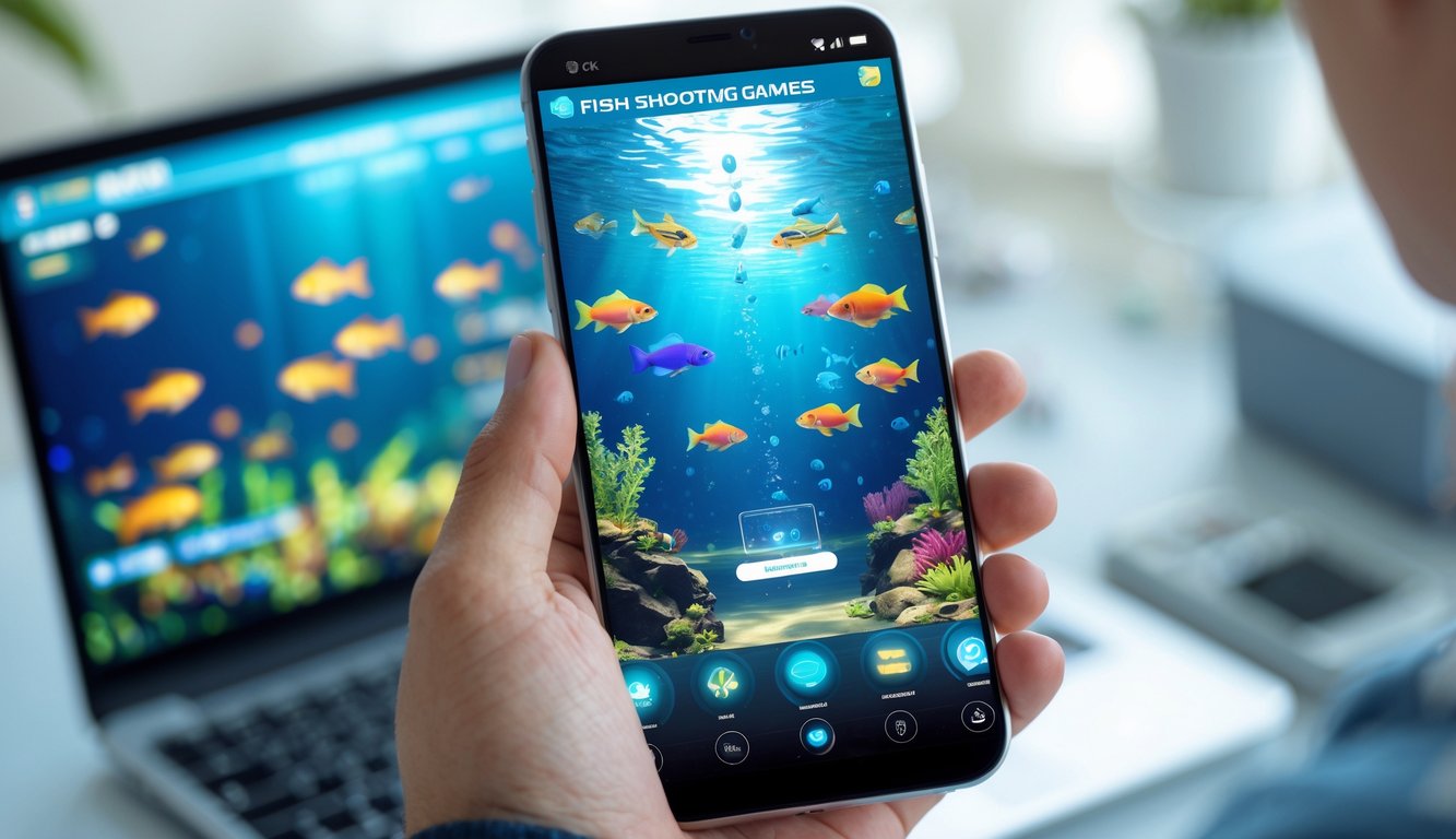 Seseorang memegang ponsel yang menampilkan permainan tembak ikan dengan latar bawah laut berwarna-warni.