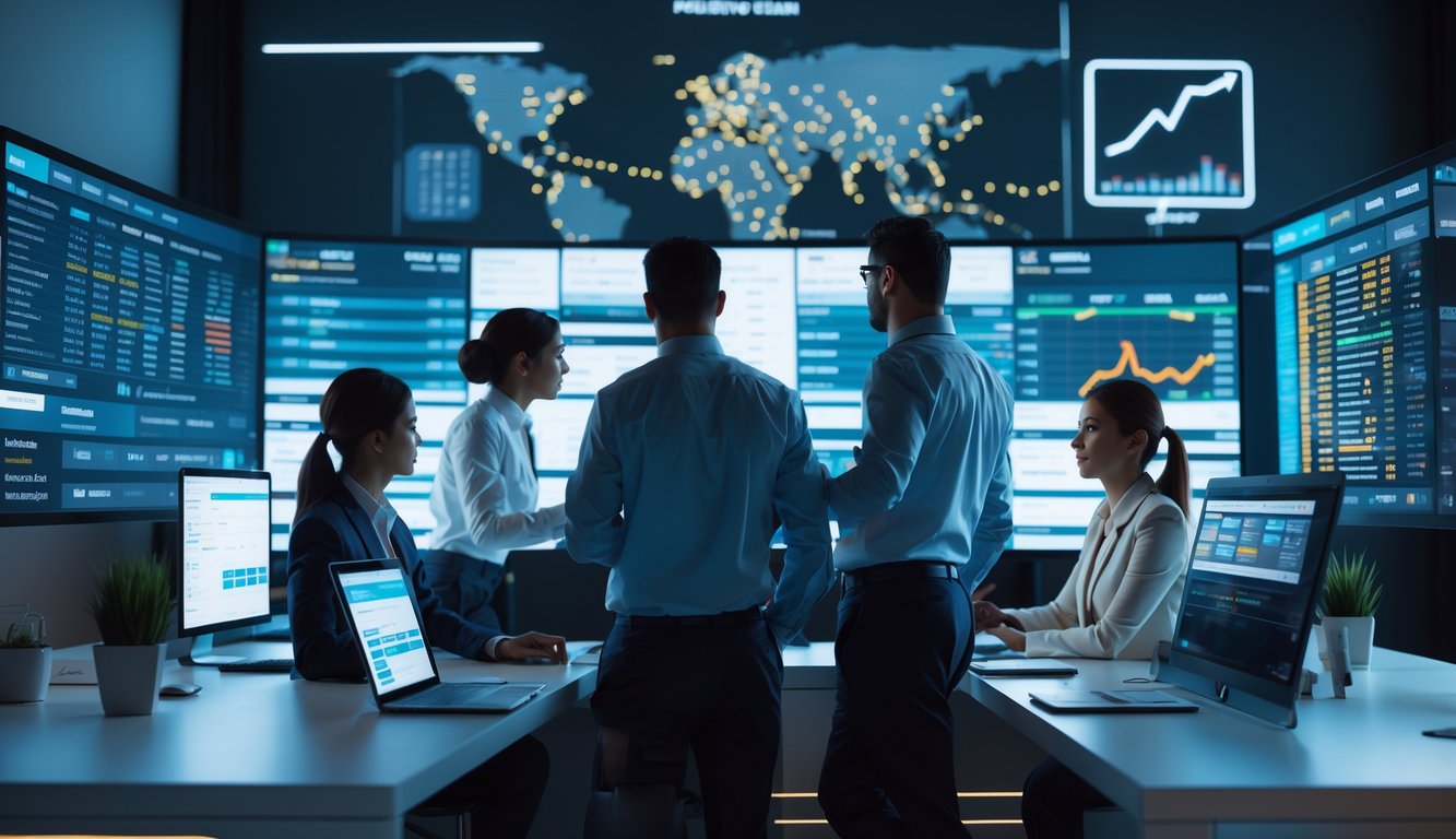 Sekelompok profesional sedang bekerja dengan layar digital yang menampilkan grafik dan data pasar taruhan online di kantor modern.