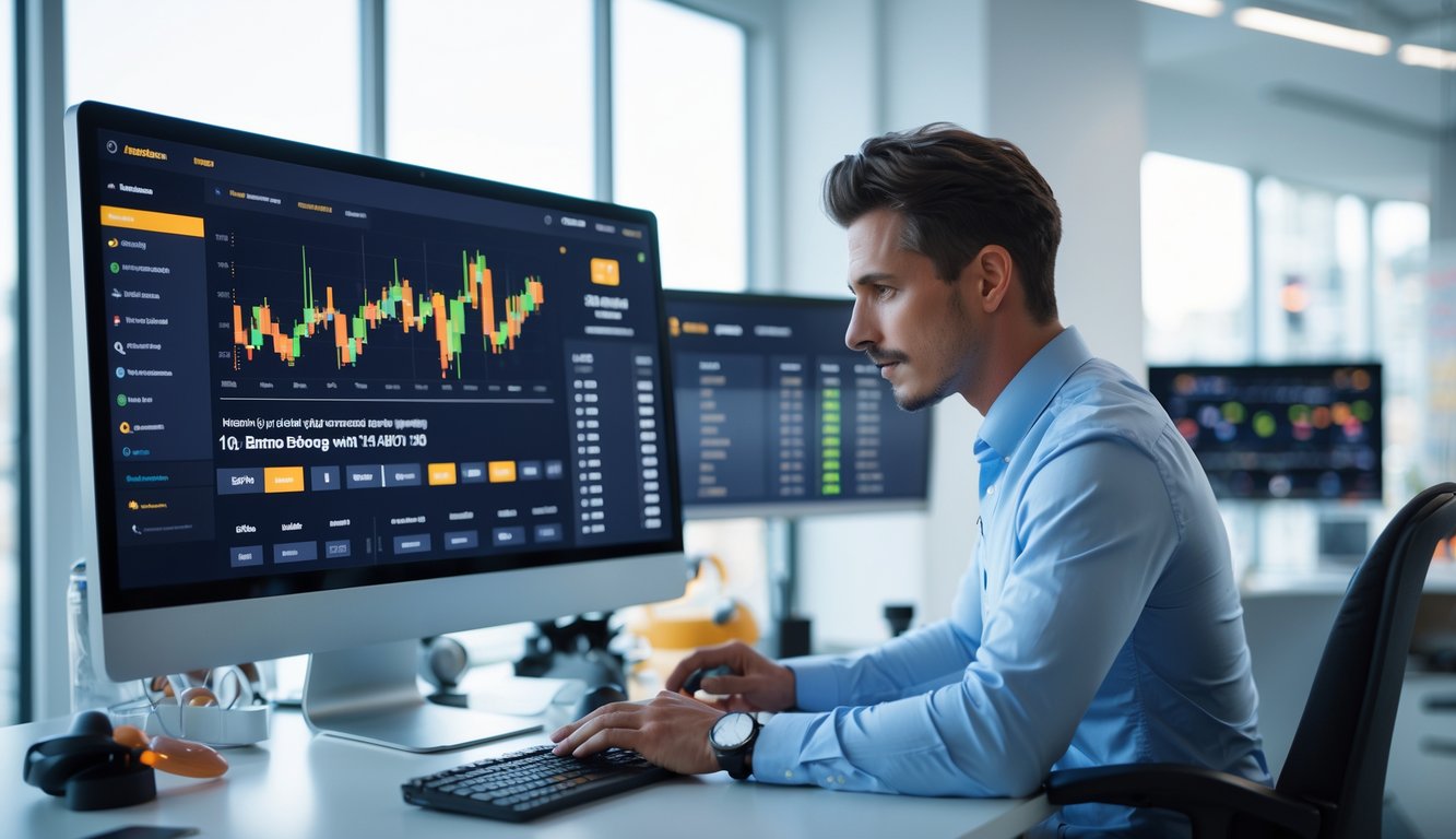 Seorang profesional menggunakan komputer dengan tampilan antarmuka taruhan olahraga yang menampilkan grafik dan peluang terkini di sebuah kantor modern.