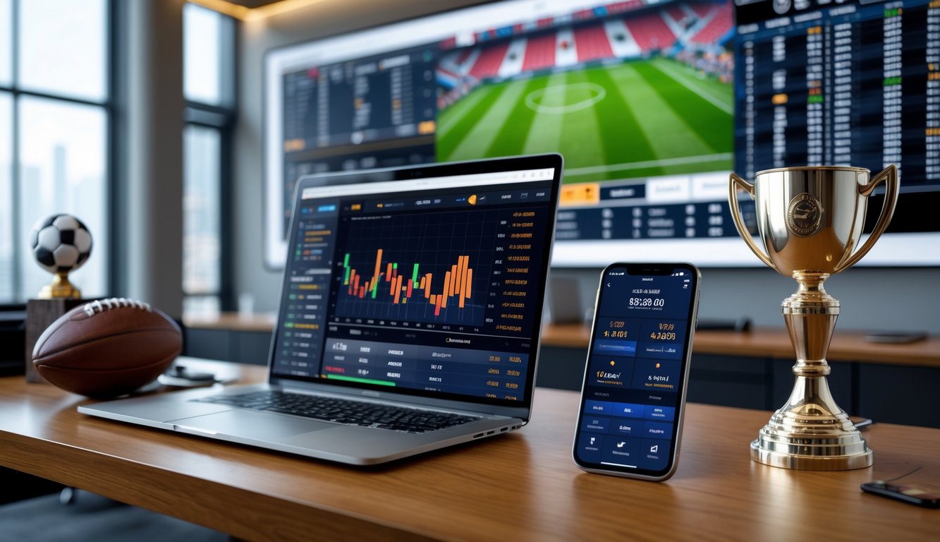 Sebuah meja kerja dengan laptop dan ponsel yang menampilkan data pertandingan olahraga lengkap, dengan layar besar di latar belakang menampilkan pertandingan sepak bola secara langsung.