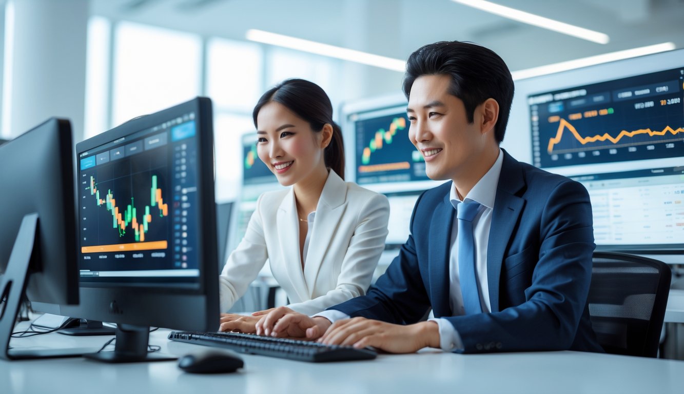 Dua orang profesional sedang bekerja bersama di kantor modern dengan beberapa layar komputer menampilkan data dan grafik.