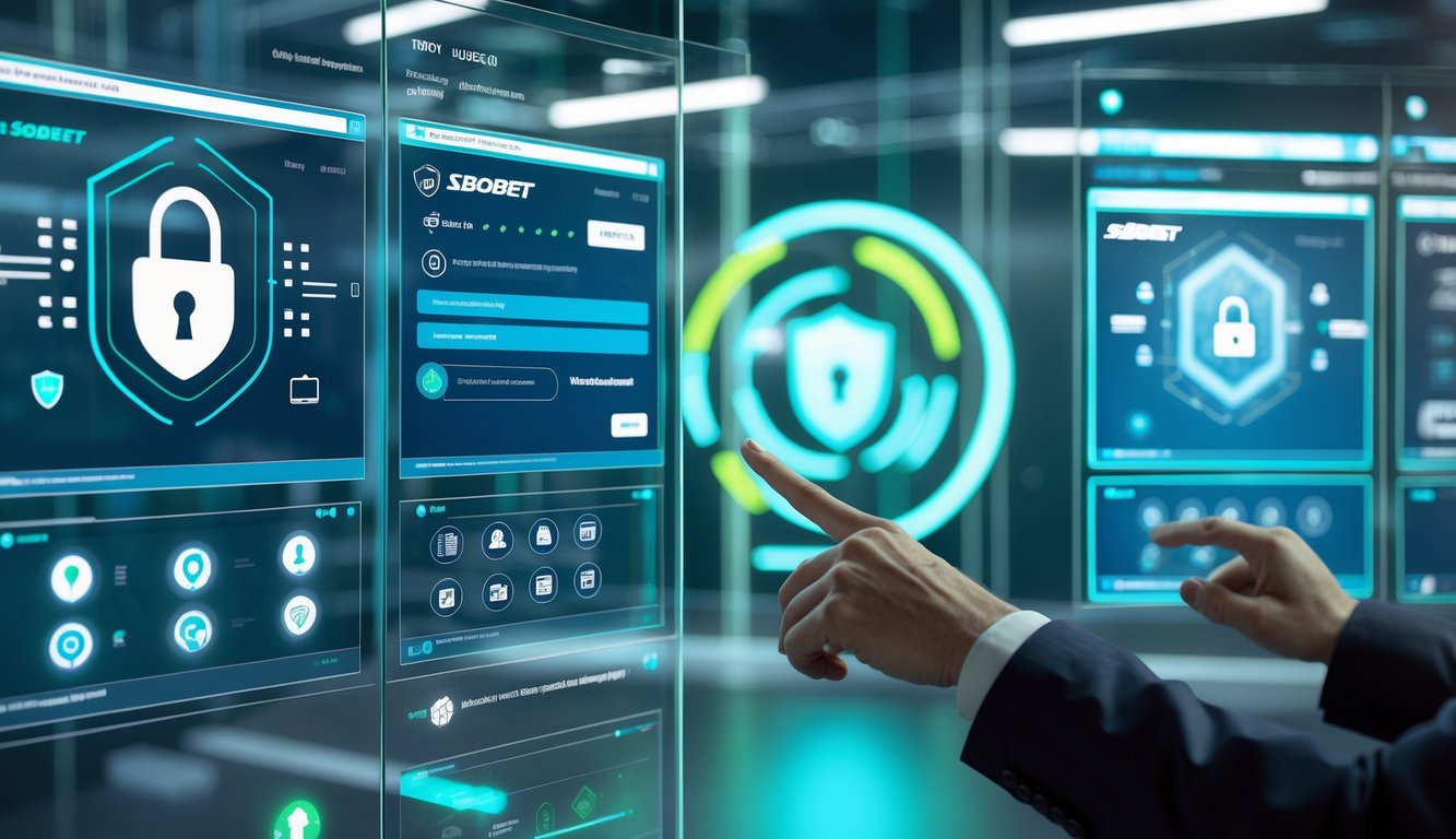Seorang profesional menggunakan perangkat layar sentuh di ruang kontrol modern dengan ikon keamanan digital dan tampilan antarmuka yang menunjukkan sistem keamanan platform online.