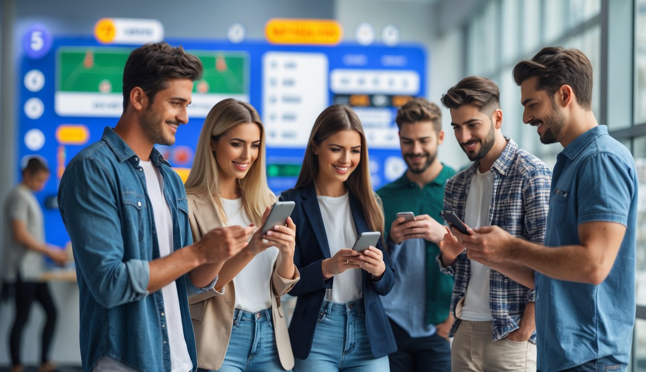 Sekelompok orang muda menggunakan ponsel dan tablet di ruang modern yang terang, dengan latar belakang elemen digital terkait taruhan olahraga online.