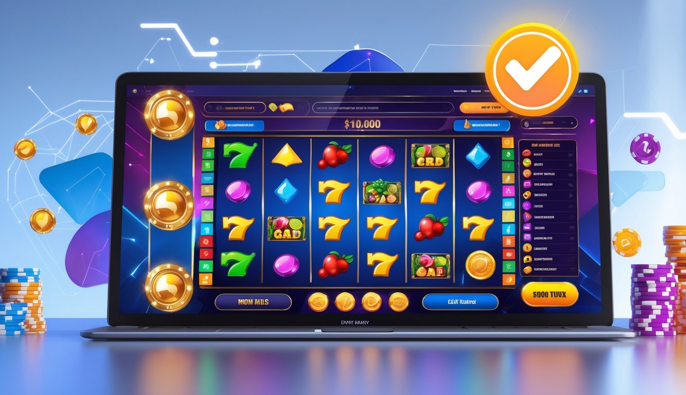 Layar komputer menampilkan berbagai ikon dan gulungan permainan slot online yang berwarna-warni dengan latar belakang bersih dan elemen yang menunjukkan kepercayaan dan kelengkapan direktori game.