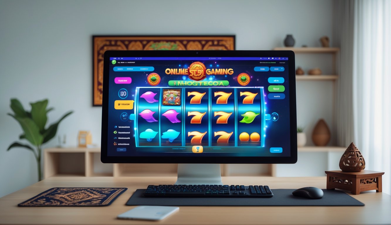 Sebuah ruang kerja modern dengan komputer yang menampilkan permainan slot online yang berwarna-warni dan jelas.